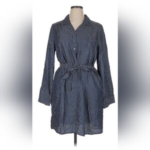 Pomelo Blue and White Buttoned Tie Front Long Sleeve Shirt Dress